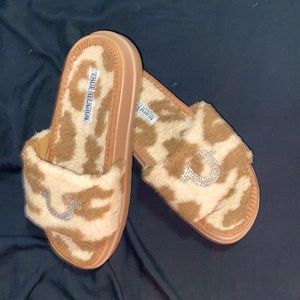 True Religion cheetah platform slides